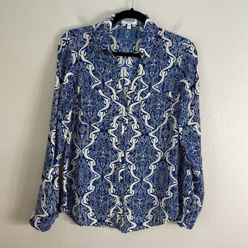 Express Portofino Shirt Womens Small Blue White Button Up Roll Tab Sleeve Blouse